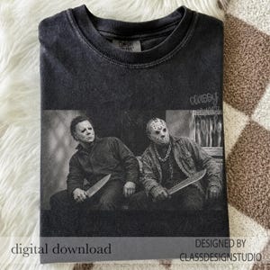 Classic Halloween Horror Characters Png, Vintage Halloween Shirt Graphic, Spooky Season Halftone Design, Vintage Scary Movie Png, Retro Png