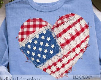 Bandera estadounidense acolchada falsa con forma de corazón (Png), diseño patriótico vintage de patchwork (Png), 4 de julio (Png), bandera de EE. UU. estilo cottagecore (Png), bandera de EE. UU. moderna (Png)