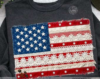 Bandera estadounidense acolchada falsa PNG, diseño patriótico de patchwork vintage, gráfico de sublimación del 4 de julio, bandera de EE. UU. estilo cottagecore