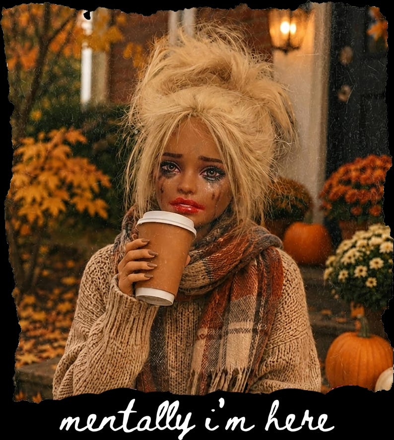 May include: A doll with messy blonde hair, smudged makeup, and red lips, wearing a beige knit sweater and a plaid scarf, holding a brown paper coffee cup. The text "mentally i'm here" is printed in white at the bottom of the image.