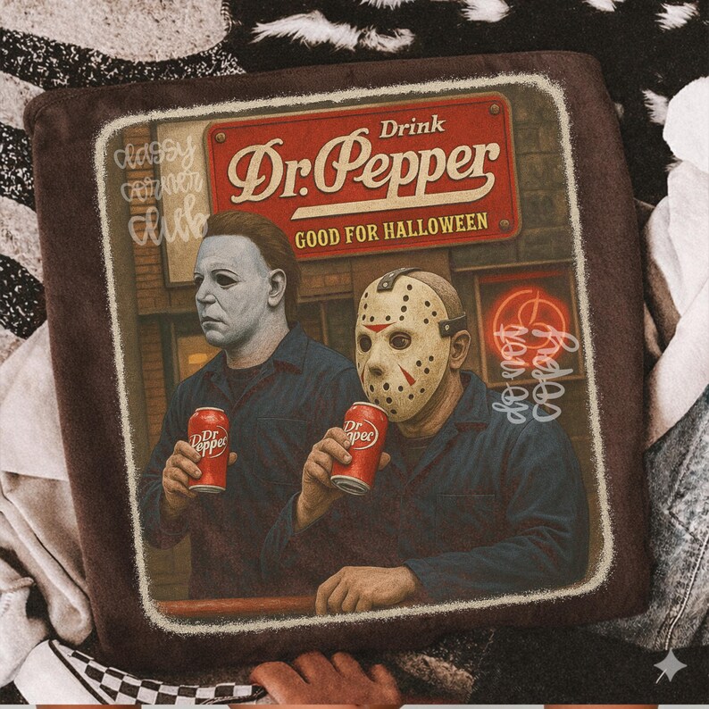 May include: A brown square throw pillow featuring a graphic of two horror movie characters holding red Dr. Pepper soda cans. The text reads Drink Dr. Pepper Good for Halloween, classy corner club, and do not copy. The characters wear dark shirts.