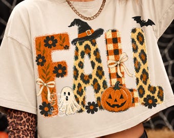Fall Halloween PNG, Retro Leopard Pumpkin Ghost Design, Cute Autumn Sublimation, Witch Hat Floral Digital Download