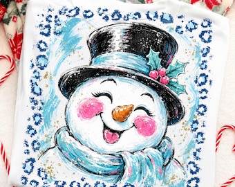 Preppy  Snowman PNG, Cute Christmas PNG, Blue Leopard Winter Design, Girly Holiday Sublimation, Festive Snowman Download