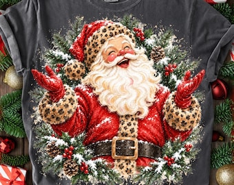Vintage Leopard Santa Png, Christmas Png, Retro Santa Claus Png, Coquette Christmas Png, Preppy Holiday Sublimation Shirt Design