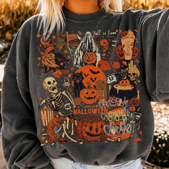 Vintage Halloween Shirt PNG, Spooky Season Sublimation Design, Ghost Pumpkin Skeleton Witch Black Cat Fall Shirt PNG, Trendy Halloween Png