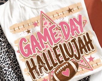 Game Day Hallelujah PNG, Christian Football PNG, Pink Leopard Game Day Design, Faith Sports Sublimation Download