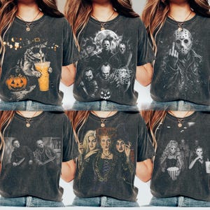 Paquete de imágenes PNG de Halloween en semitonos, personajes de películas de terror vintage de Halloween, diseños retro de terror para sublimación, descarga digital para camisetas de Halloween.