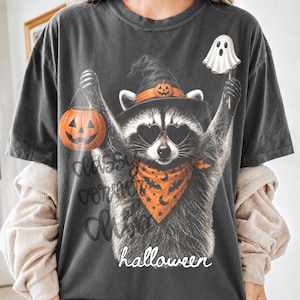 Halloween tvättbjörn PNG, rolig tvättbjörn Halloween-tröjadesign, sublimering av häxhatt och tvättbjörn, digital nedladdning av läskig höst