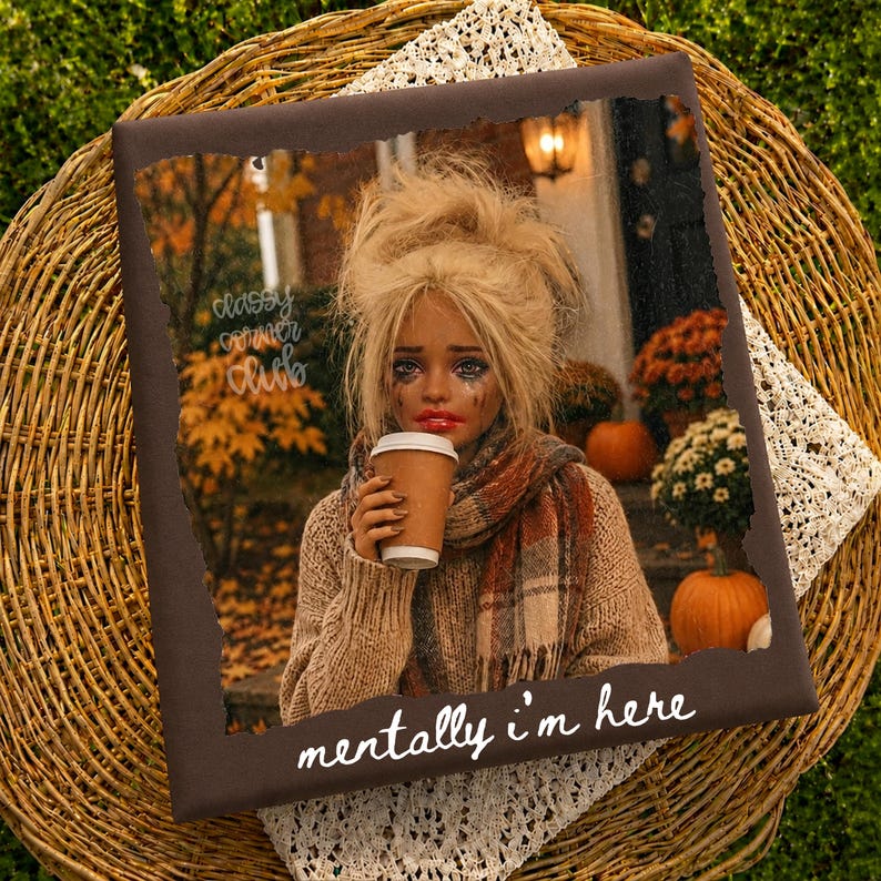 May include: A square print featuring a blonde doll with messy hair, wearing a beige sweater and plaid scarf, holding a paper coffee cup. The image includes the text "classy corner club" and "mentally i'm here" against an autumn background.