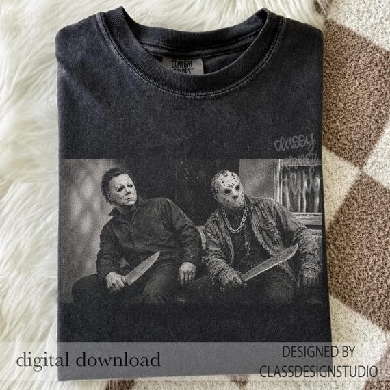 Classic Halloween Horror Characters Png, Vintage Halloween Shirt Graphic, Spooky Season Halftone Design, Vintage Scary Movie Png, Retro Png