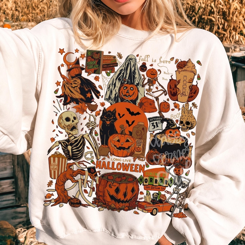 Vintage Halloween Shirt PNG, Spooky Season Sublimation Design, Ghost Pumpkin Skeleton Witch Black Cat Fall Shirt PNG, Trendy Halloween Png image 3