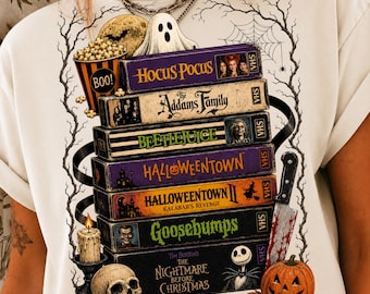 Vintage Halloween VHS PNG Retro Horror Movies Sublimation Spooky Season Book Stack Funny Scary Film Lover Shirt Design Digital Download