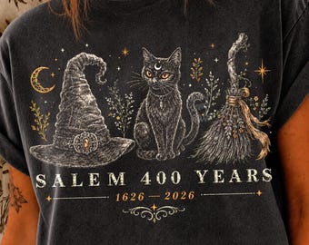 Salem 400 Years PNG, Witch Hat Black Cat Broom PNG, Salem Massachusetts Witch Trials, Halloween Sublimation Design, 400 Anniversary