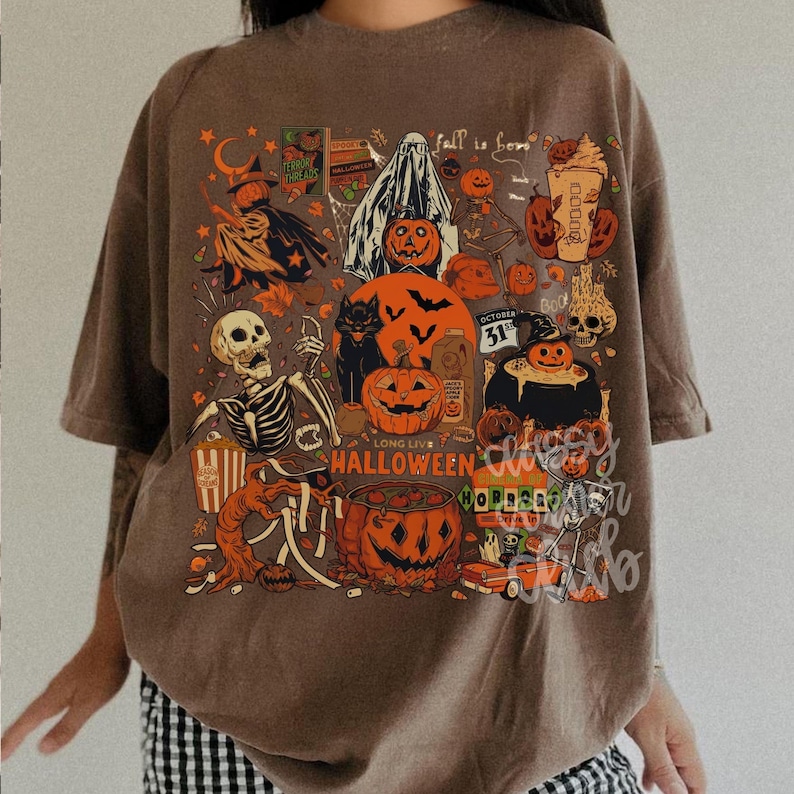 Vintage Halloween Shirt PNG, Spooky Season Sublimation Design, Ghost Pumpkin Skeleton Witch Black Cat Fall Shirt PNG, Trendy Halloween Png image 2