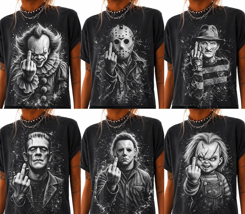 May include: A collection of six black t-shirts, each featuring a white graphic illustration of a different horror movie character. Every character is depicted making a middle finger gesture. The designs include Pennywise, Jason Voorhees, Freddy Krueger, Frankenstein's monster, Michael Myers, and Chucky, all set against a dark, splattered background.
