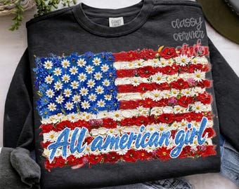 Diseño PNG de sublimación con bandera floral de All American Girl (descarga digital)
