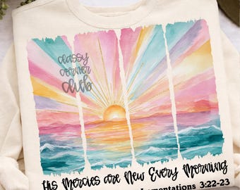 Amanecer cristiano en el océano PNG: Sus misericordias se renuevan cada mañana (Versículo bíblico) (Descarga digital)