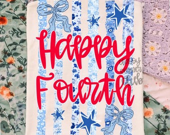 Feliz 4 de julio PNG, Coquette Patriotte Bow, Bandera floral para sublimación (Descarga DTF)