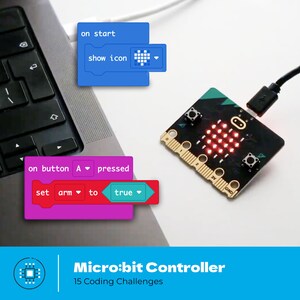 May include: A black micro:bit controller board with a 5x5 LED matrix displaying red lights, connected by a USB cable. Overlaid are blue and purple coding blocks with text reading on start, show icon, on button A pressed, set arm to true.