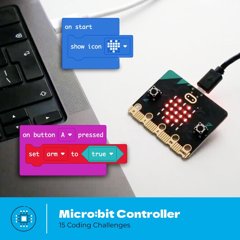 May include: A black micro:bit controller board with a 5x5 LED matrix displaying red lights, connected by a USB cable. Overlaid are blue and purple coding blocks with text reading on start, show icon, on button A pressed, set arm to true.