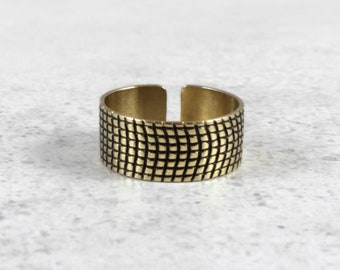 Grid - unisex brass ring, adjustable gold colored ring for man and woman, minimalist jewelry, irregular wide ring