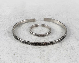 Irrégulier - bracelet et bague en argent, parure de bijoux en argent simple, bague en argent réglable, bracelet en argent réglable, bijoux minimalistes,