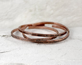 Set of 3 irregular copper bracelets, stacking metal bracelet, simple copper bangle for woman, minimalist open adjustable bracelet for men