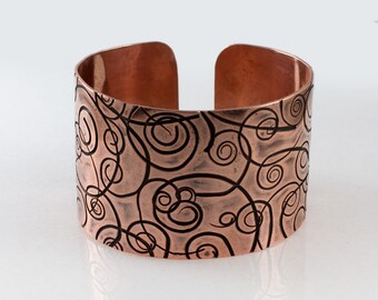 Spirals - big unisex copper bracelet, adjustable bangle for man and woman, minimalist jewelry, simple wide irregular bracelet