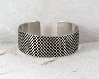 Fish scale - unisex silver bracelet, adjustable bangle for man and woman, minimalist jewelry, simple wide irregular bracelet