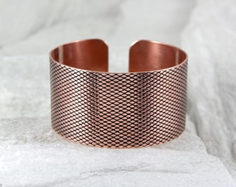 Fish scale - unisex copper bracelet, big adjustable bangle for man and woman, minimalist jewelry, simple wide bracelet