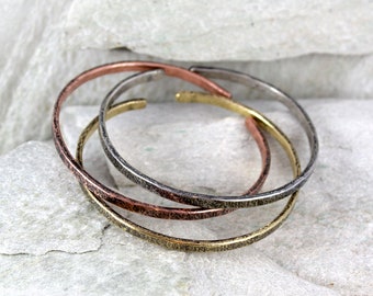 Set of 3 irregular silver copper and brass bracelets, stacking metal bracelets, simple bangles for woman, narrow open adjustable bracelet