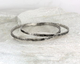 Set of 2 irregular silver bracelets, stacking metal mens bracelet, simple silver bangle for woman, narrow open adjustable bracelet