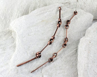 Chain - long dangle copper earrings for woman, minimalist jewelry for woman, simple copper clip-ons