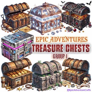 May include: A collection of six treasure chests with various designs and materials. The chests are made of wood, metal, and stone. They are decorated with gold, silver, and jewels. The chests are open and reveal treasures inside, including gold coins, jewels, and other valuables. The chests are labeled "EPIC ADVENTURES TREASURE CHESTS GROUP I".