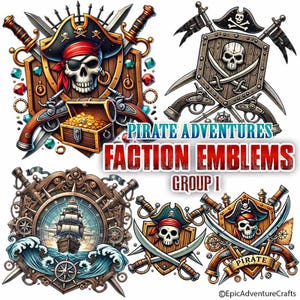 May include: A set of four colorful pirate faction emblems with swords, skulls, and other pirate-themed imagery. The emblems are labeled "Pirate Adventures Faction Emblems Group I".