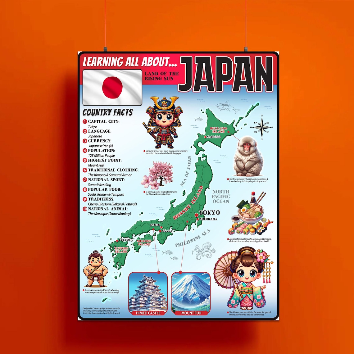 Japan Map Fun Japan Educational Poster for Kids – Fun Learning Map With Facts, Cities ...