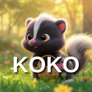 Puede incluir: Una mofeta de dibujos animados con una espalda a rayas blancas y negras y una cola esponjosa, sosteniendo una cesta tejida llena de flores rosas. La palabra "KOKO" está escrita en letras blancas grandes en la imagen. La mofeta está en un campo de hierba verde y flores amarillas.