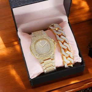 Ensemble gourmette de luxe diamants et montre à quartz à maillons cubains Miami - Cadeau parfait pour lui/elle