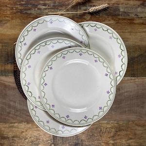 Set of 5 Antique Longwy &quot;Violetta&quot; Flat Plates in Vintage Ironstone | Purple Floral Pattern & Green Border