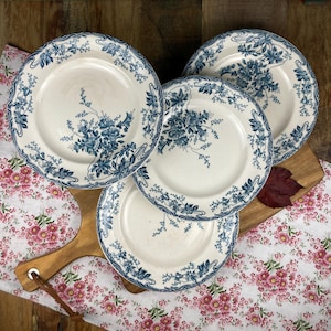 Set of 4 Antique Longwy &quot;Azaleas&quot; Flat Plates in Vintage Ironstone | Blue Floral Pattern Art Nouveau Ceramic