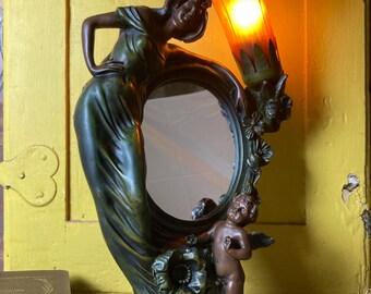 Art Nouveau Style Lamp. Woman and Angel With Mirror. Tulip Marbled