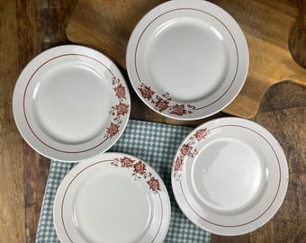 Vintage French Ironstone Plates | “Faïencerie du Pavillon” | Set of 4 | Red and Brown Floral Design | Antique French Dinnerware