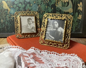 Set of 2 Antique Brass Photo Frames | Art Nouveau Floral Design | Small Ornate Standing Frames with Original Photos