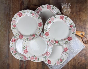 Vintage Floral Dinner Plates Set of 6 | Hand Painted Ceramic Plates | Cottage Style Tableware