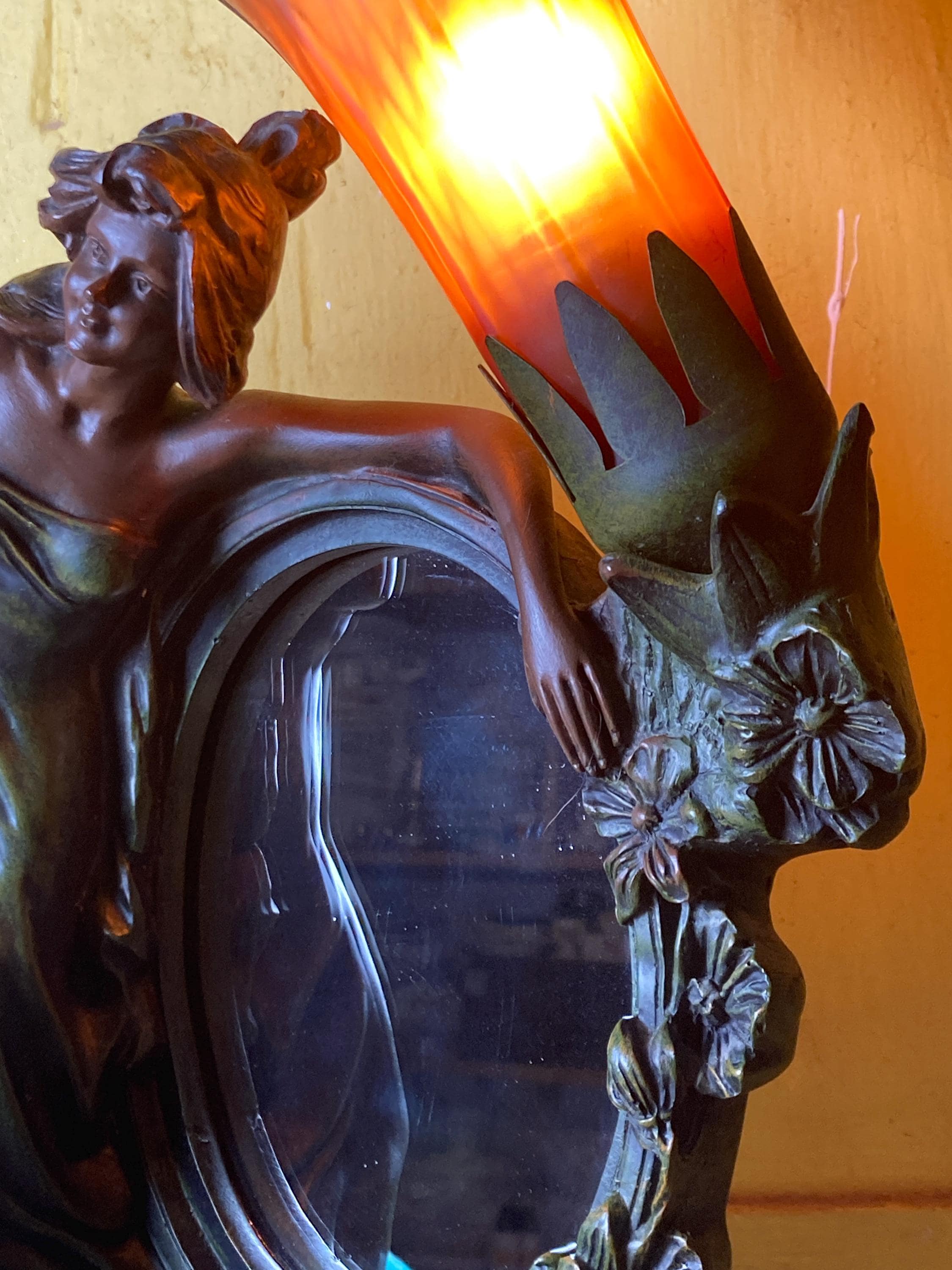 Art Nouveau Style Lamp. Woman and Angel With Mirror. Tulip Marbled