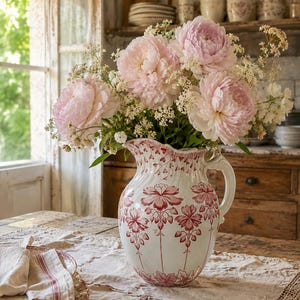 Antique Sarreguemines Emilia Ironstone Pitcher, Pink Floral French Country Decor