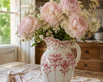 May include: A white ceramic pitcher with a red floral pattern filled with a large bouquet of light pink peonies and small white filler flowers. The pitcher features a curved handle, a scalloped rim, and a rounded body decorated with botanical motifs.