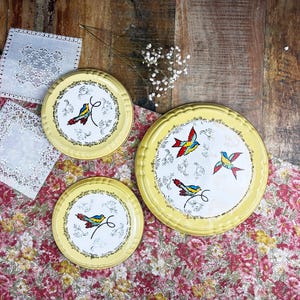 Puede incluir: Un conjunto de bandejas de metal amarillo vintage con diseños de pájaros. Las bandejas tienen un centro blanco con pájaros coloridos y un borde amarillo. También hay dos tapetes de encaje blanco, junto con una tela estampada floral.