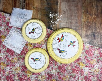 French Vintage table mat, Trivet Set, Colorful Bird Decor, Ceramic, Moulin des Loups Orchies, Set of 3