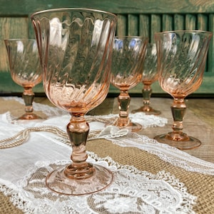 Set of 5 Vintage Rosaline Stemmed Glasses by Luminarc | Twisted Pink Glass | 60s-70s Tableware